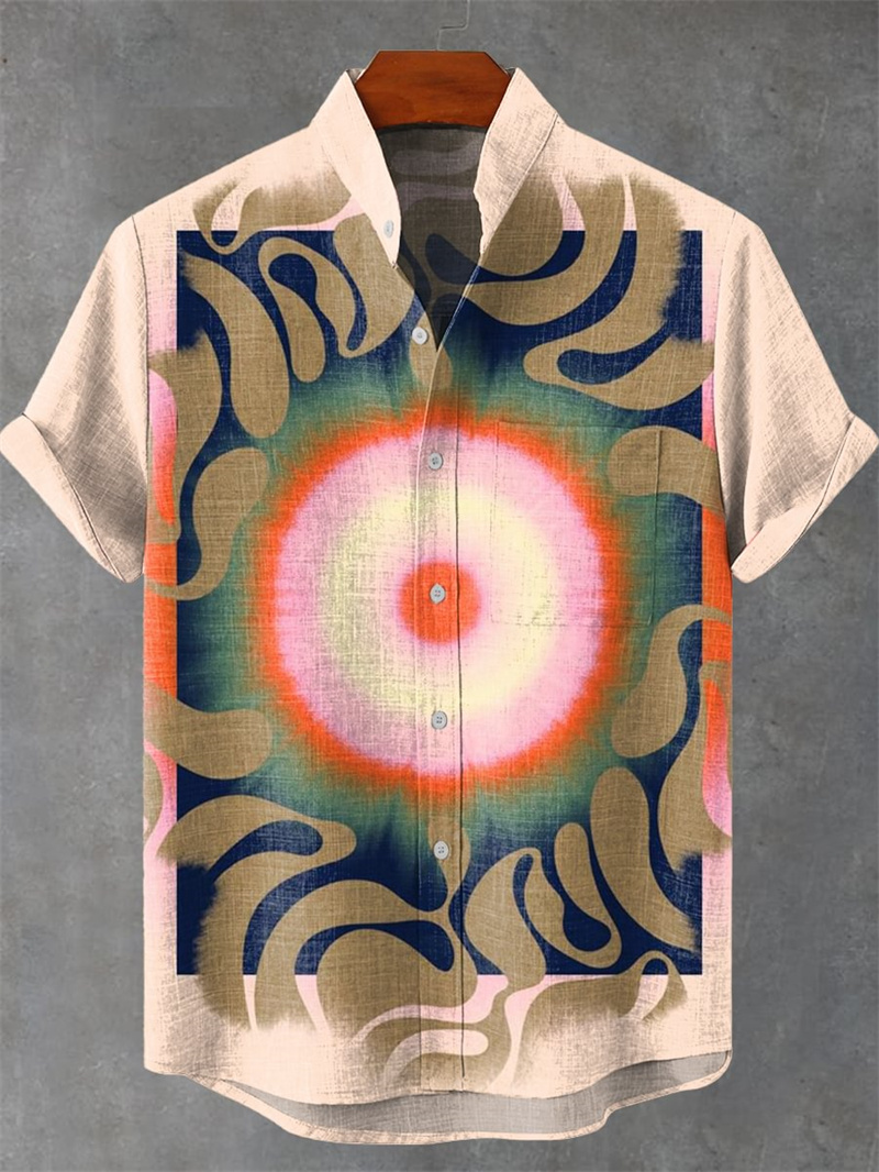 Vintage Collectible Shop - Herren Kurzarm Leinenhemd Vintage Schwarz Mandala