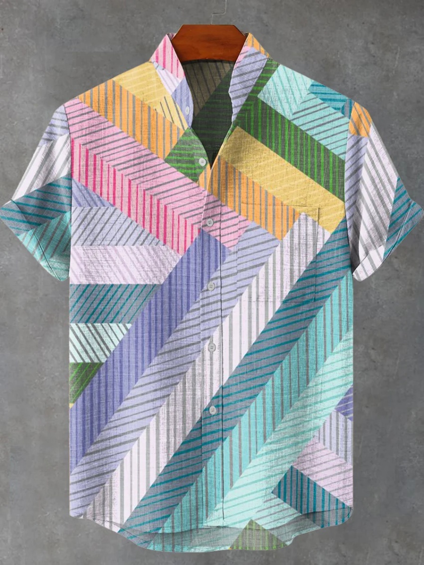 Vintage Collectible Shop - Neues Herren-Kurzarm-Leinenhemd mit Kunstdruck, Vintage-Kätzchen-Muster, meistverkauft,
