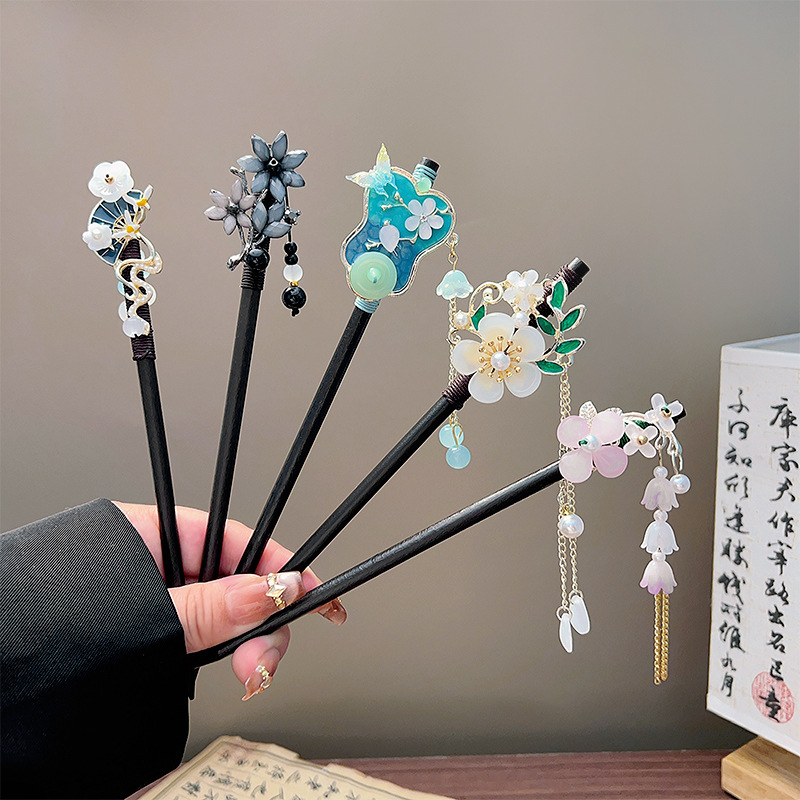 Vintage Collector - Klassischer Quasten-Haarstab, schwarzer Holz-Blumen-Perlen-Haarstab, chinesischer Hanfu-Haarschmuck,